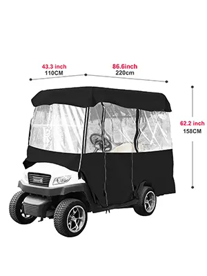 Carcasa para carrito de golf VEVOR en color negro con ventanas transparentes y etiquetas de medidas.