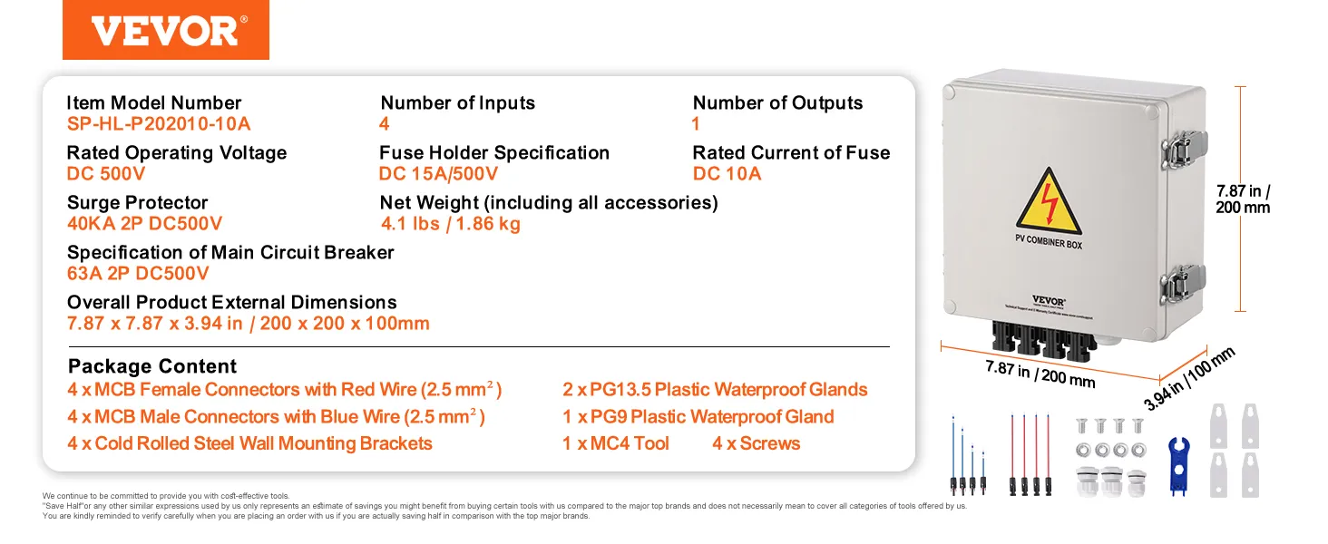 VEVOR zonne-PV-combinerbox met 4 ingangen, 1 uitgang, 500 V-classificatie, 63 A hoofdschakelaar en accessoires.