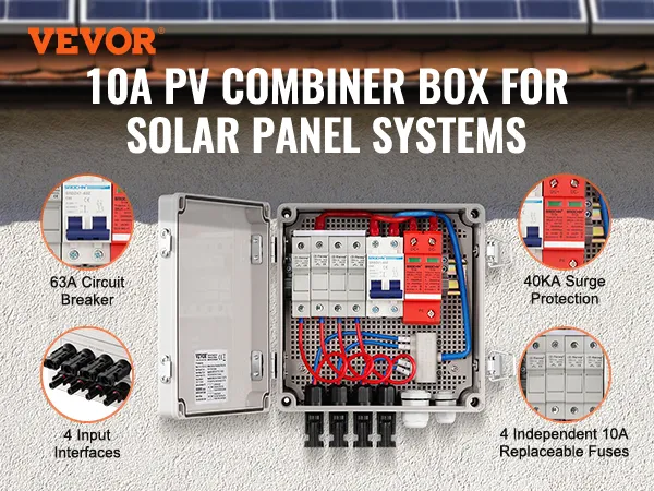 VEVOR solar pv combiner box voor zonnepaneelsystemen met 40ka overspanningsbeveiliging, 4 ingangen, 10a zekeringen.