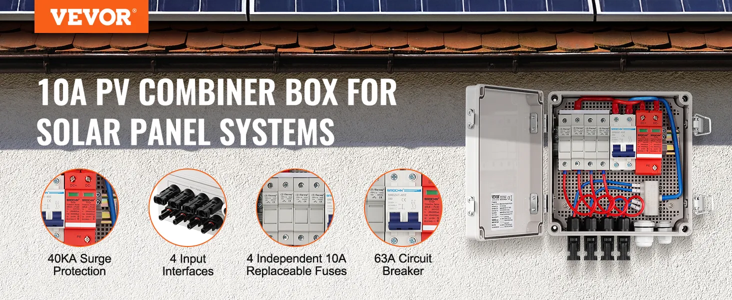 VEVOR solar pv combiner box voor zonnepaneelsystemen met 40ka overspanningsbeveiliging, 4 ingangen, 10a zekeringen.