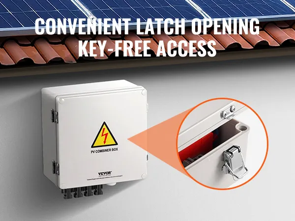 VEVOR zonne-PV-combinerbox met handige sleutelvrije vergrendeling, geïnstalleerd op een buitenmuur.