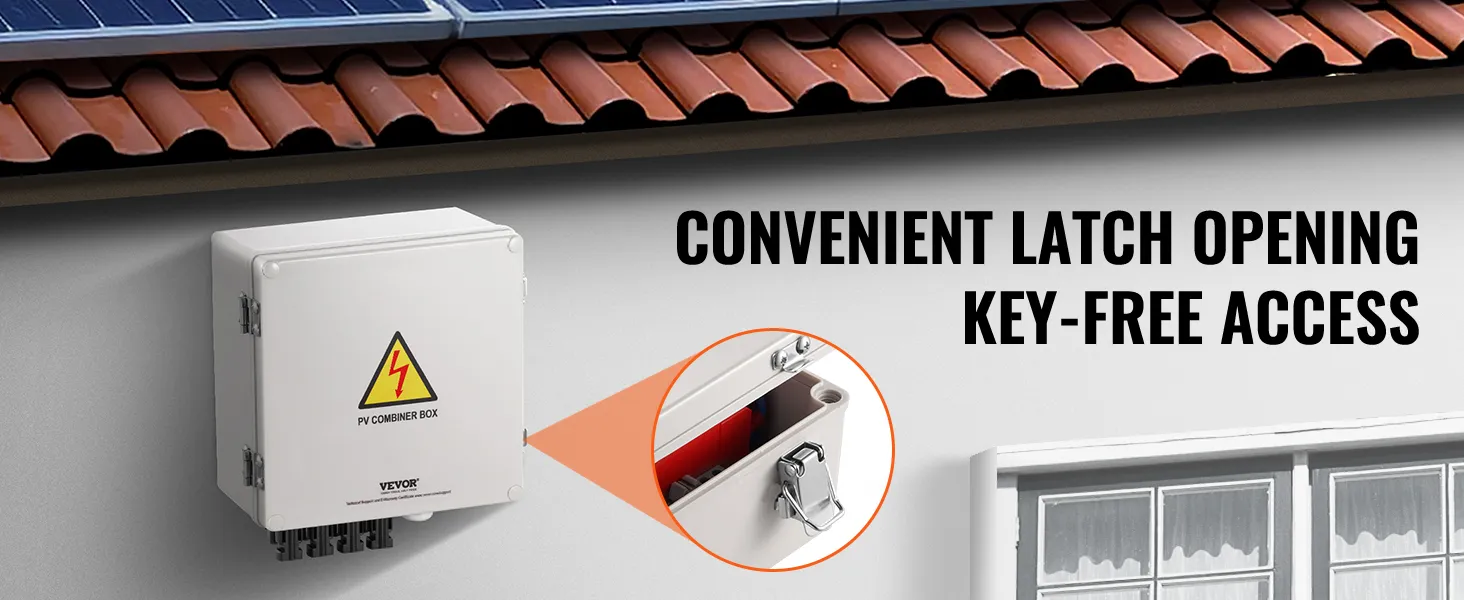 VEVOR zonne-PV-combinerbox met handige sleutelvrije vergrendeling, geïnstalleerd op een buitenmuur.