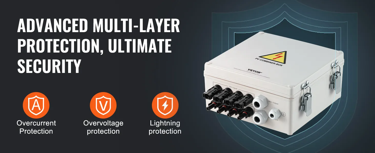 VEVOR zonne-PV-combinerbox met overstroom-, overspannings- en bliksembeveiliging voor ultieme veiligheid.