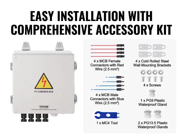 VEVOR zonne-PV-combinerbox met accessoireset, inclusief connectoren, schroeven en montagebeugels.