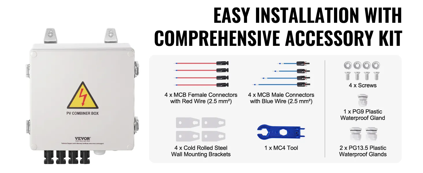VEVOR zonne-PV-combinerbox met accessoireset, inclusief connectoren, schroeven en montagebeugels.