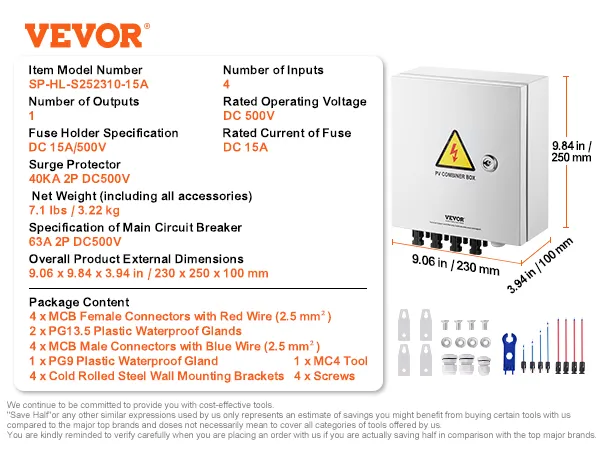 VEVOR solar pv combiner box details; model sp-hl-s252310-15a, dimensions, specs, and accessories list.
