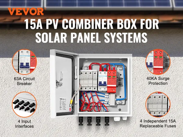 VEVOR solar pv combiner box, 15a, for solar panel systems, with surge protection and circuit breakers.