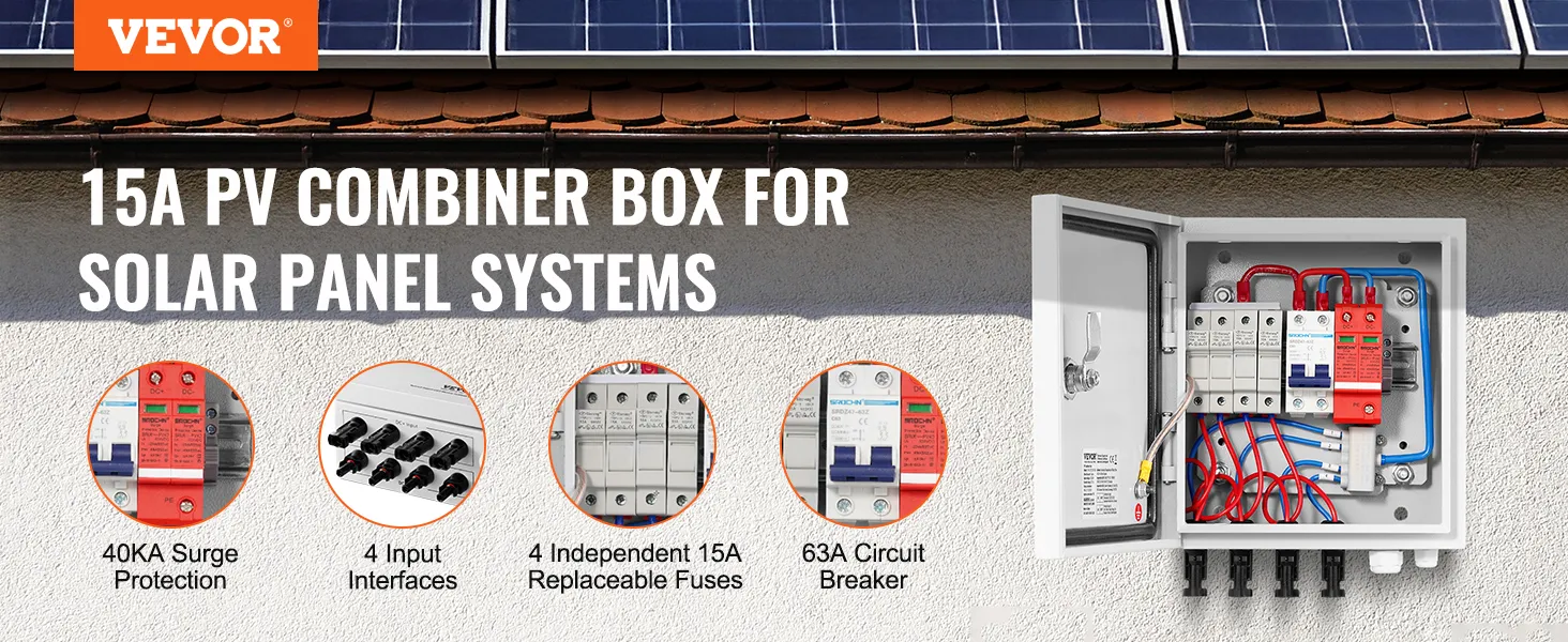 VEVOR solar pv combiner box, 15a, for solar panel systems, with surge protection and circuit breakers.