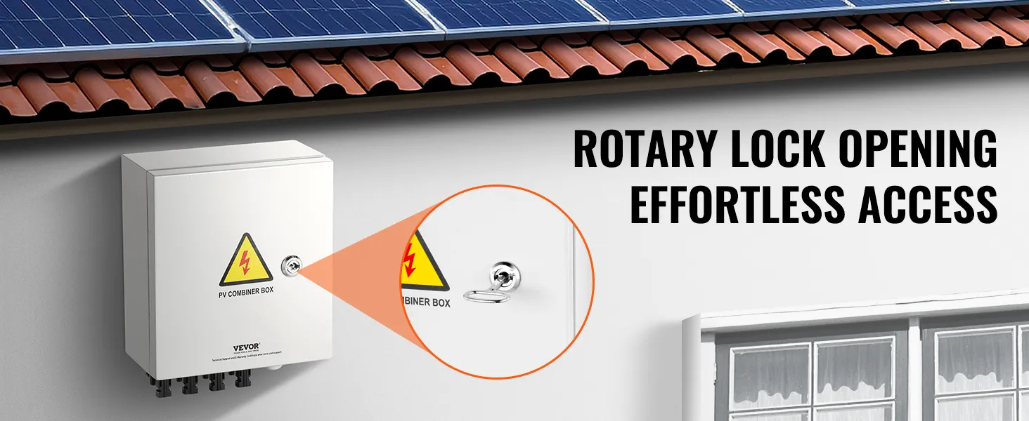 VEVOR solar pv combiner box installed on a wall with a rotary lock for effortless access.