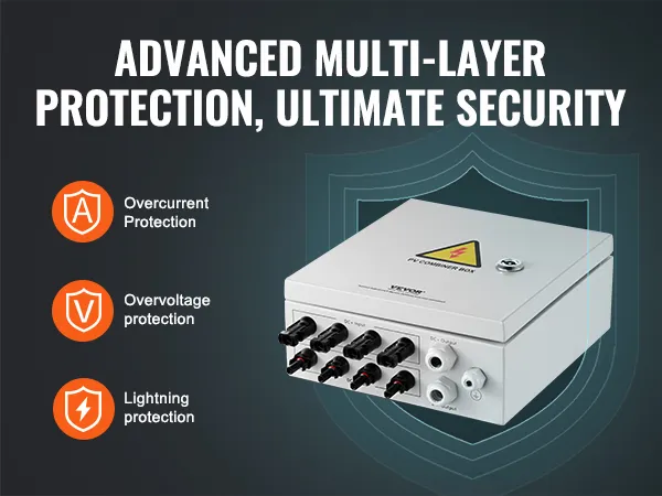 VEVOR solar pv combiner box with overcurrent, overvoltage, and lightning protection features.