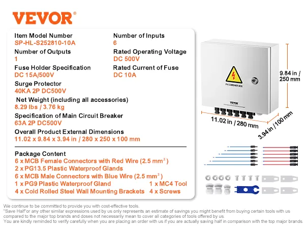 VEVOR solar combiner box sp-hl-s252810-10a, dc 500v, 6 inputs, 1 output, 63a, 280x250x100mm.