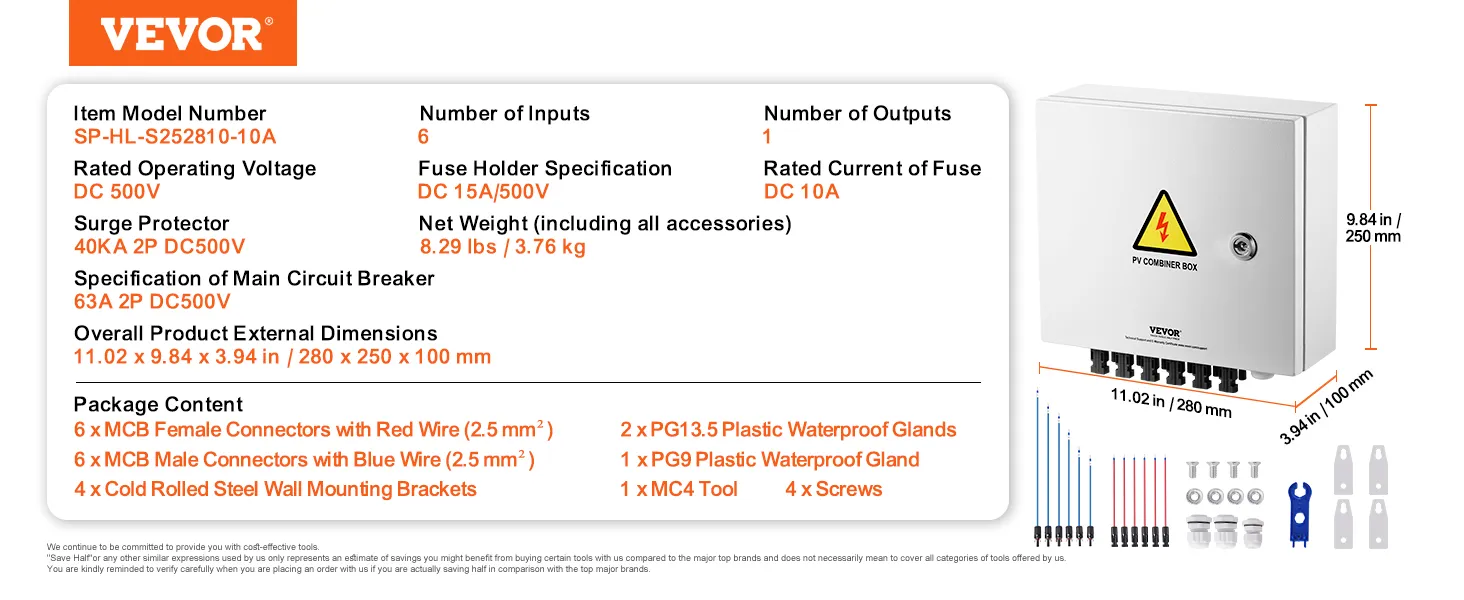 VEVOR solar combiner box sp-hl-s252810-10a, dc 500v, 6 inputs, 1 output, 63a, 280x250x100mm.