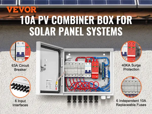 VEVOR solar combiner box with 10a replaceable fuses, 40ka surge protection, and 63a circuit breaker.