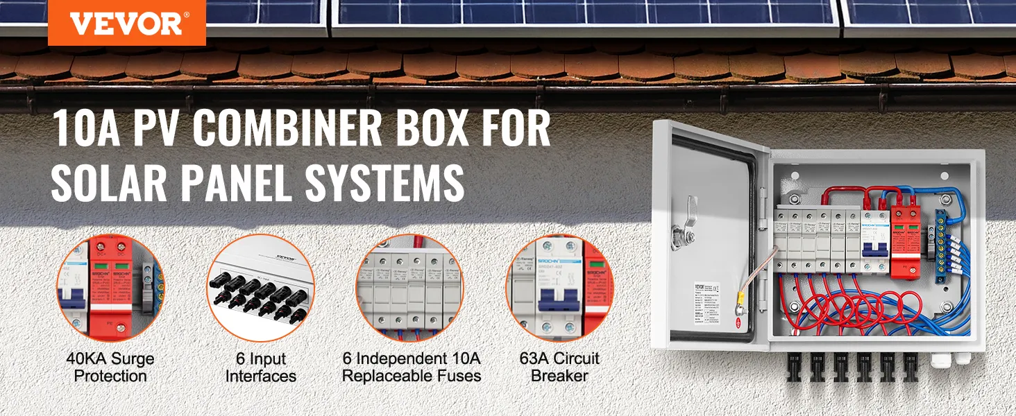 VEVOR solar combiner box with 10a replaceable fuses, 40ka surge protection, and 63a circuit breaker.