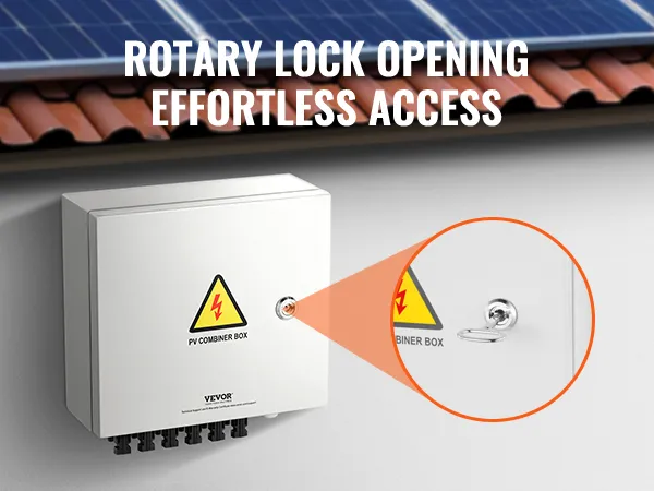 VEVOR solar combiner box mounted on a wall under solar panels with rotary lock for effortless access.
