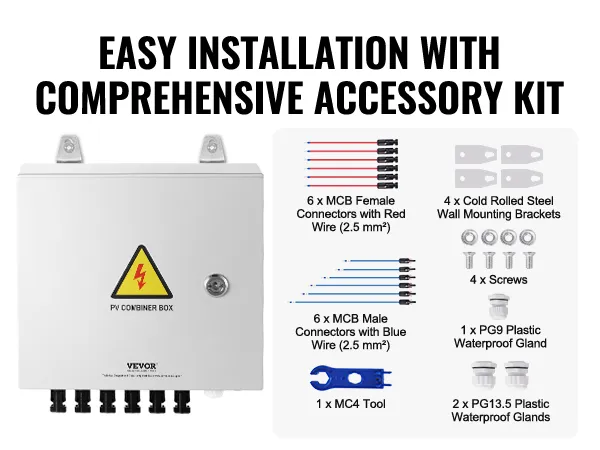 VEVOR solar combiner box with accessories, including connectors, wall brackets, screws, and waterproof glands.