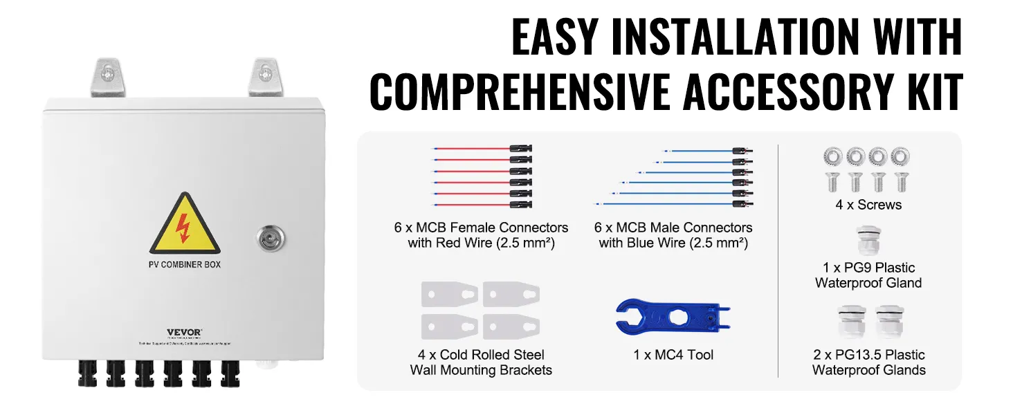VEVOR solar combiner box with accessories, including connectors, wall brackets, screws, and waterproof glands.