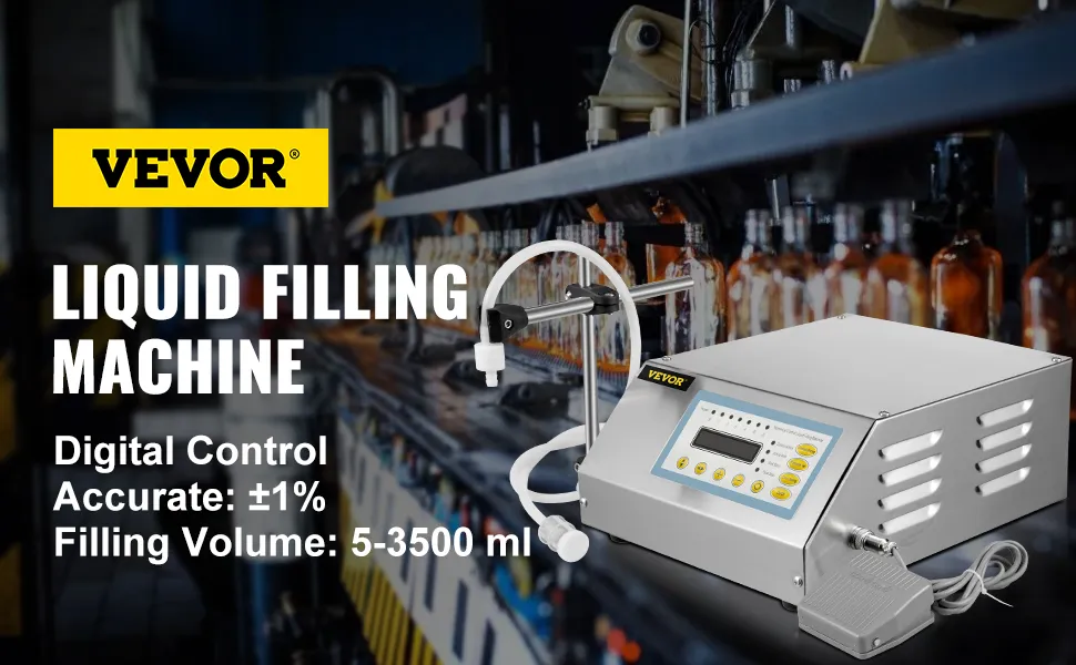 Riempitrice di liquidi VEVOR con controllo digitale, riempimento preciso e capacità da 5 a 3500 ml.