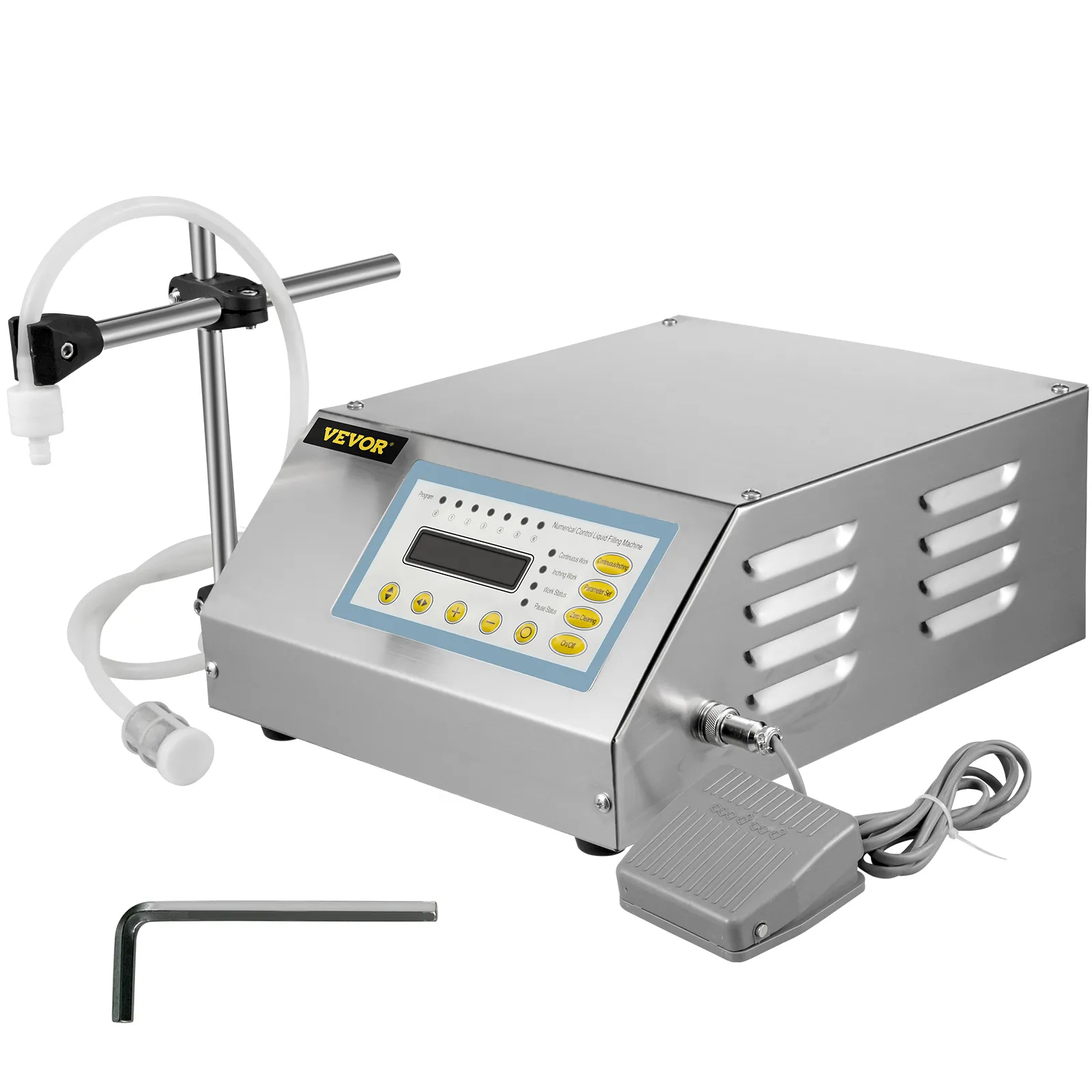 Riempitrice di liquidi VEVOR con display a LED, tubi, asta di controllo, pedale e chiave esagonale.