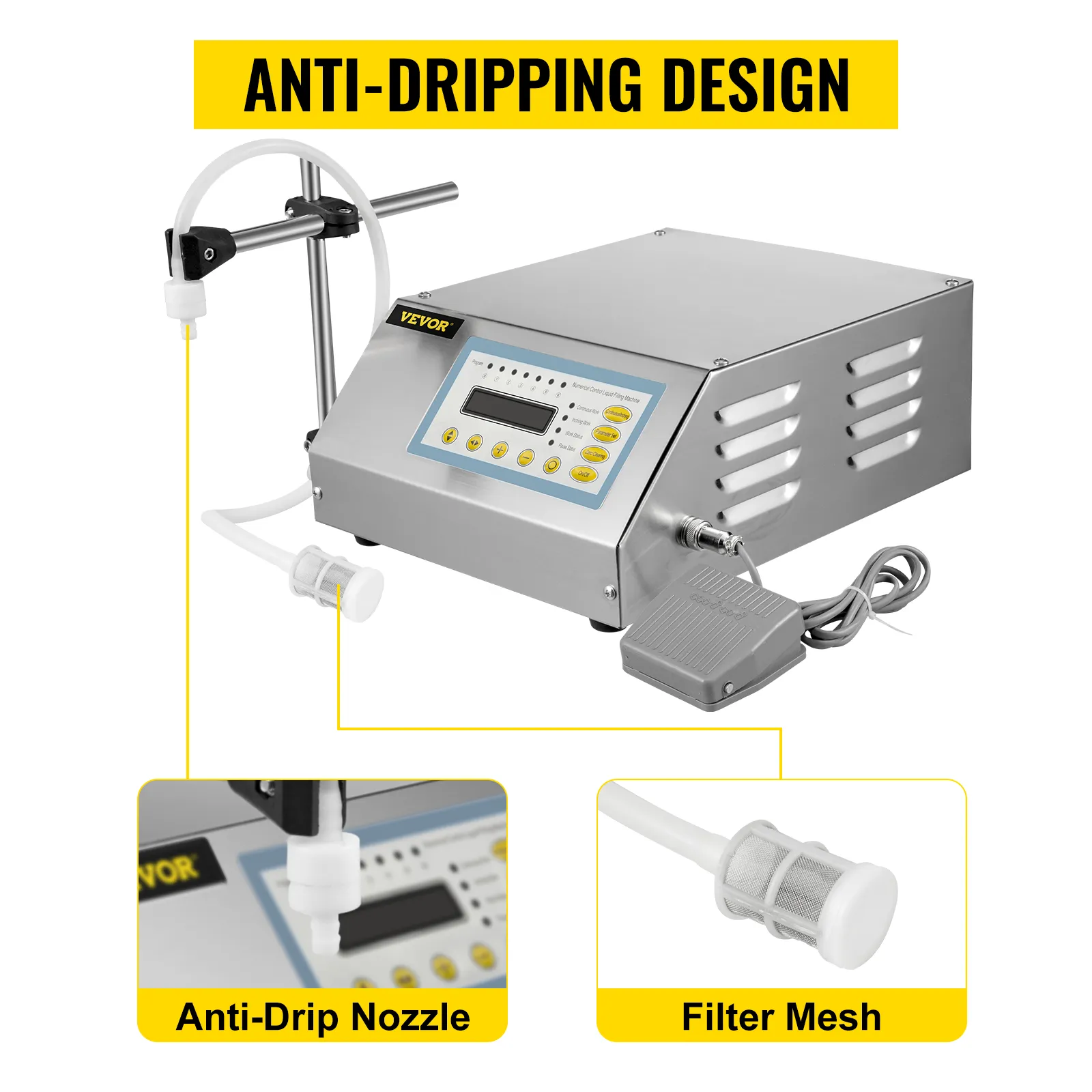 Riempitrice di liquidi VEVOR con ugello antigoccia e filtro a rete per un utilizzo efficiente.