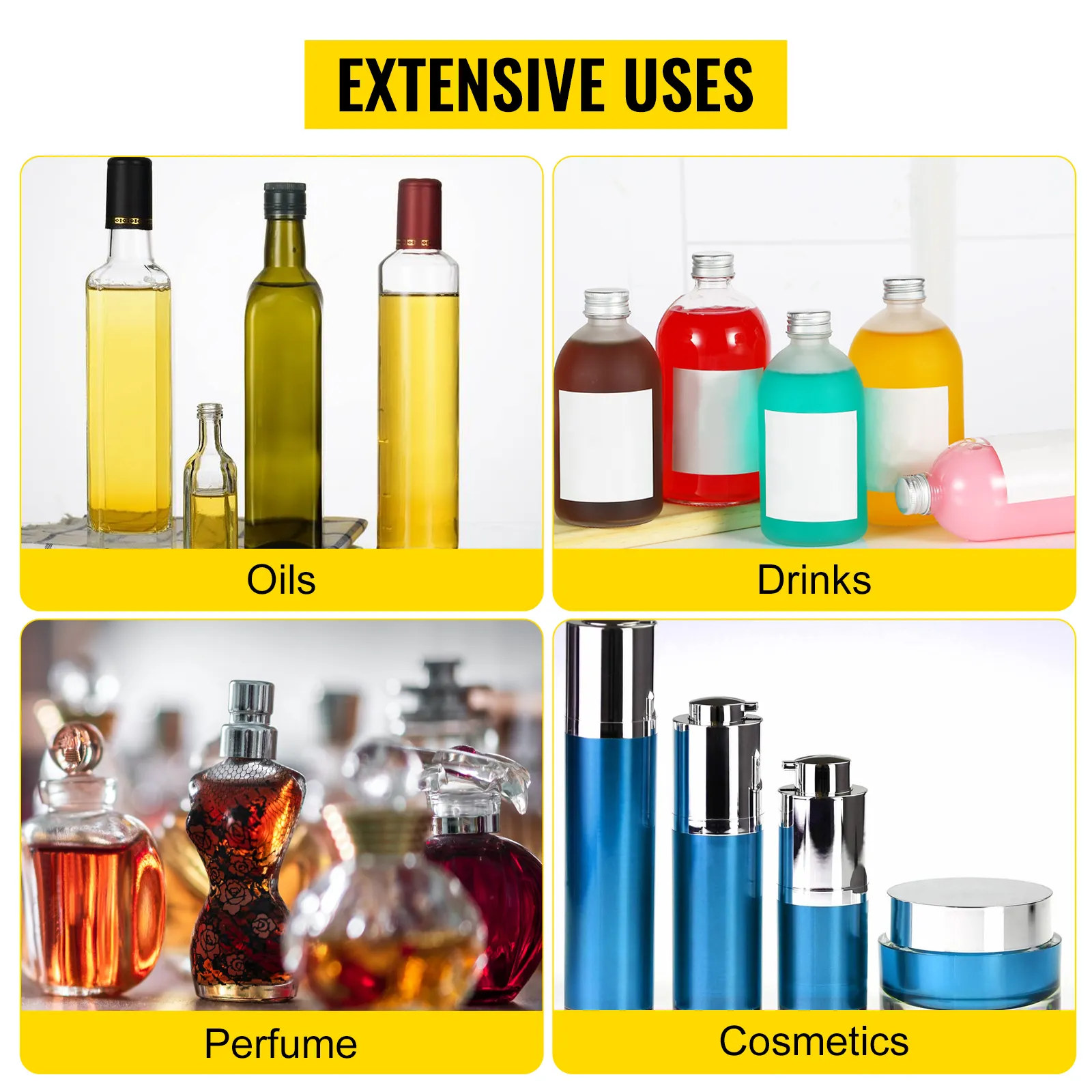 Casi d'uso delle macchine riempitrici di liquidi VEVOR: oli, bevande, profumi e cosmetici.