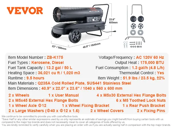 Calentador de queroseno VEVOR zb-k175, 175.000 btu, 36.021 pies cúbicos de calefacción, capacidad de 13,2 galones, CA 120 V 60 Hz.