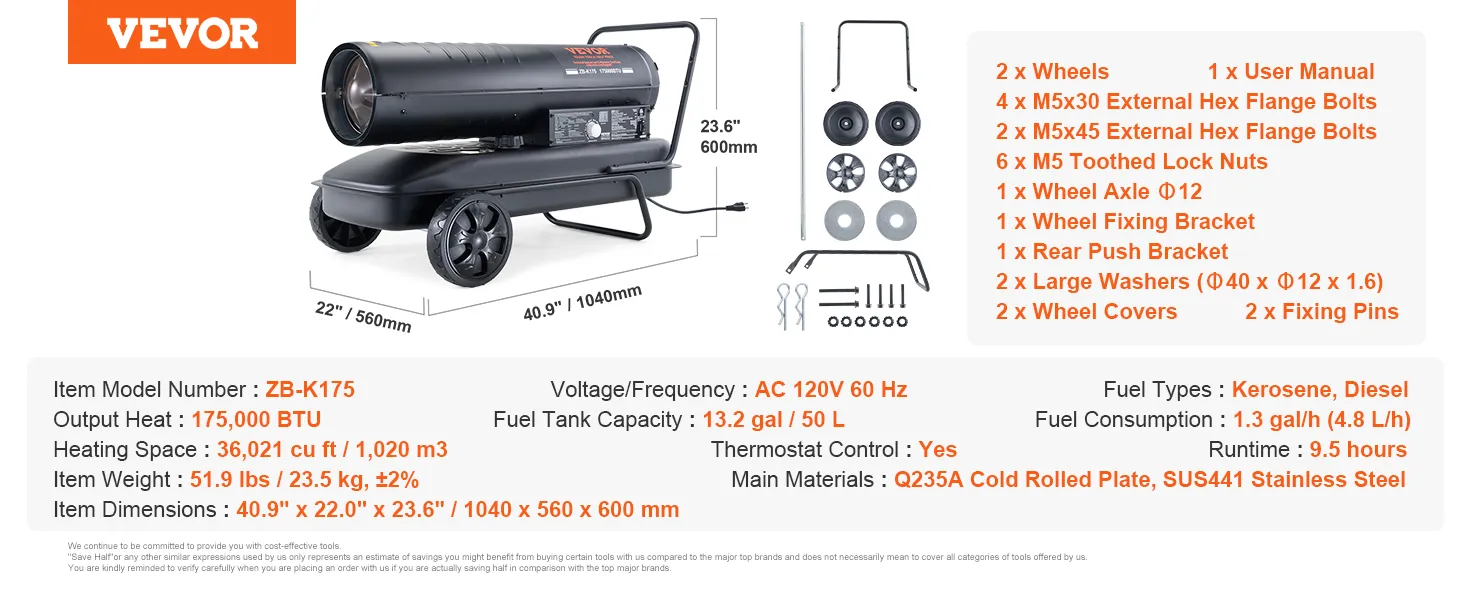 Calentador de queroseno VEVOR zb-k175, 175.000 btu, 36.021 pies cúbicos de calefacción, capacidad de 13,2 galones, CA 120 V 60 Hz.