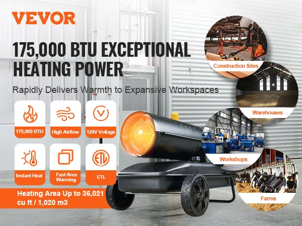 Calentador de queroseno VEVOR con 175.000 btu de calor, ideal para obras de construcción, almacenes, talleres y granjas.
