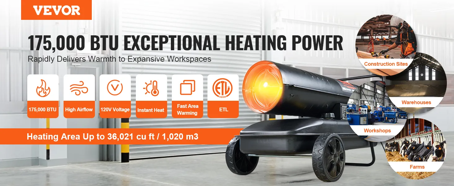 Calentador de queroseno VEVOR con 175.000 btu de calor, ideal para obras de construcción, almacenes, talleres y granjas.