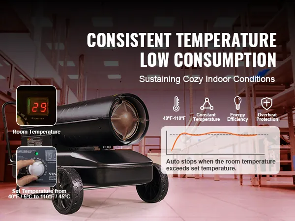 Calentador de queroseno VEVOR que muestra configuraciones de temperatura, eficiencia energética y protección contra sobrecalentamiento.