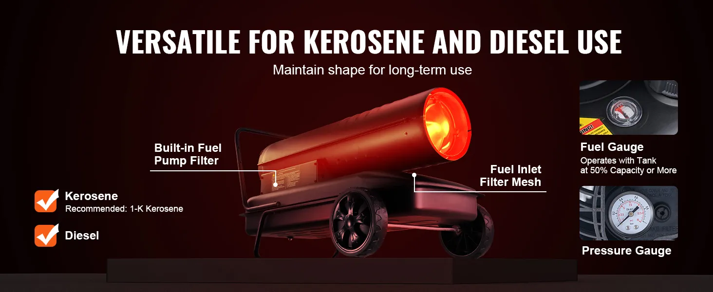 Calentador de queroseno VEVOR que presenta un filtro de bomba de combustible incorporado, indicador de combustible, manómetro y compatibilidad con diésel.