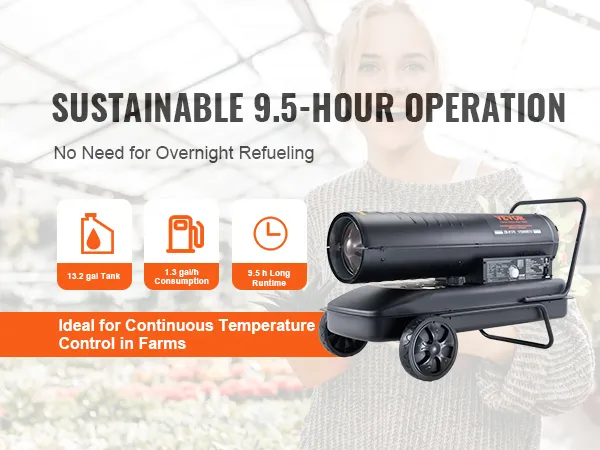 Calentador de queroseno VEVOR con tiempo de funcionamiento de 9,5 horas, tanque de 13,2 galones, ideal para controlar la temperatura de la granja.