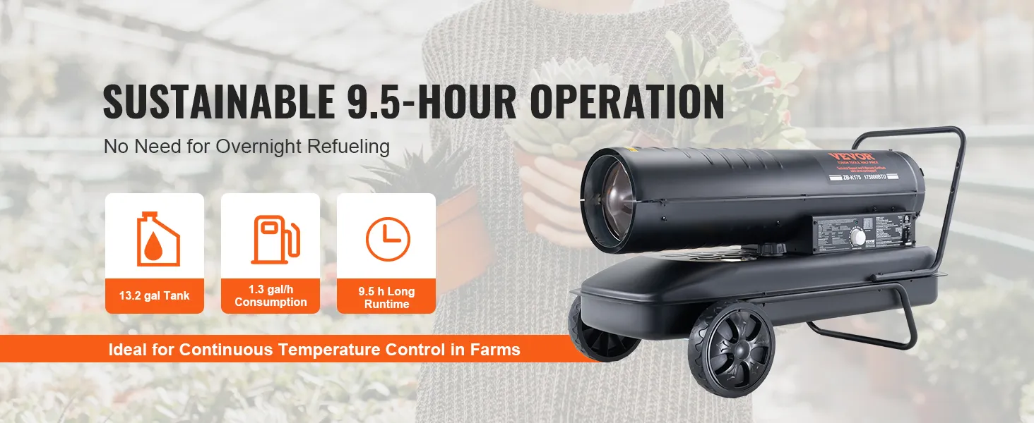 Calentador de queroseno VEVOR con tiempo de funcionamiento de 9,5 horas, tanque de 13,2 galones, ideal para controlar la temperatura de la granja.