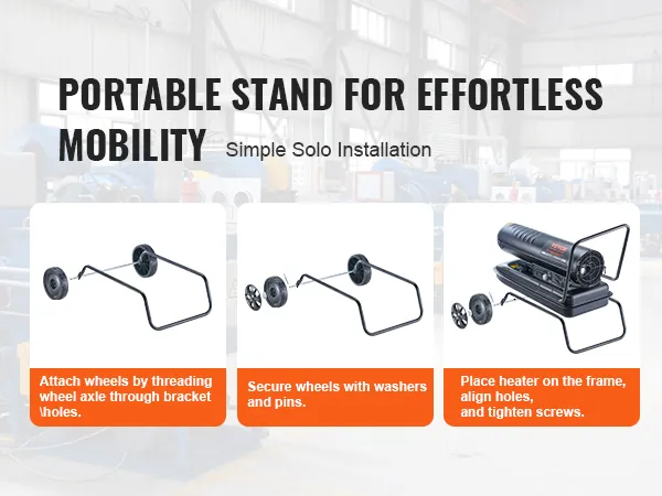 Soporte portátil para calentador de queroseno VEVOR con ruedas para fácil movilidad e instrucciones de instalación sencillas.