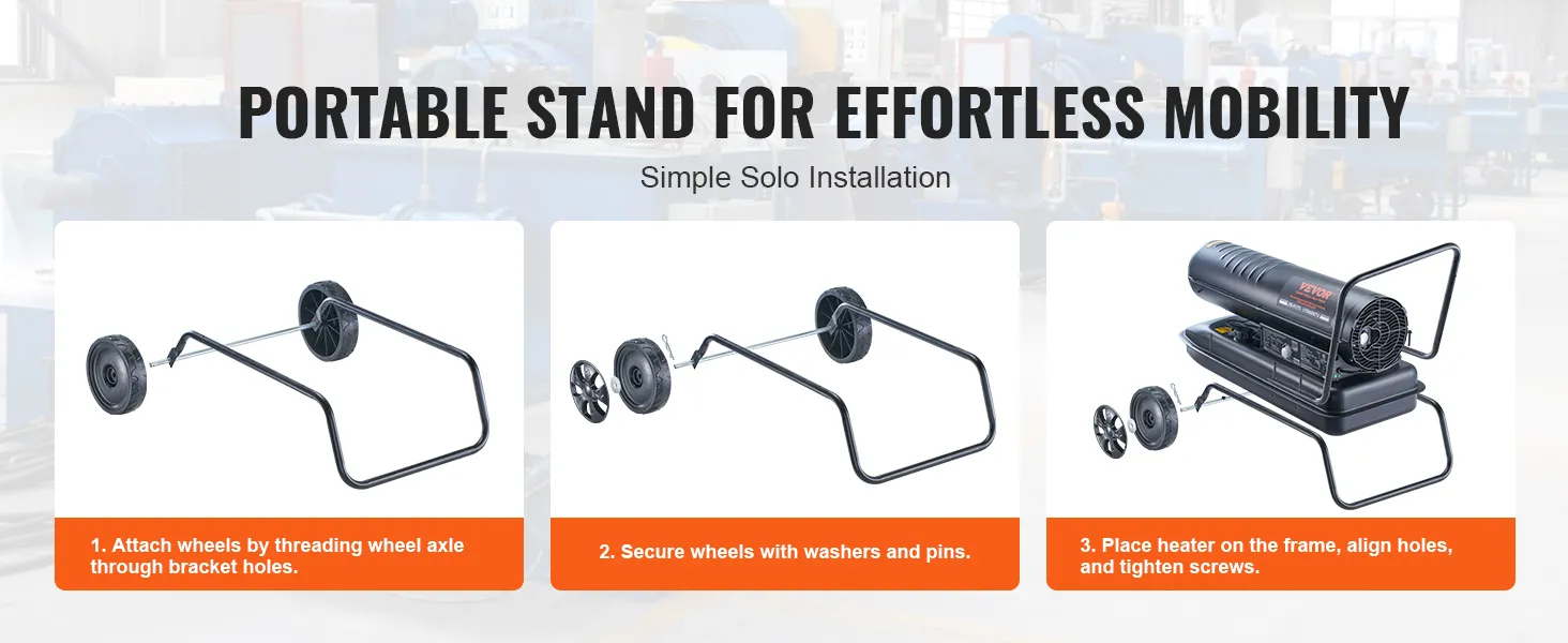 Soporte portátil para calentador de queroseno VEVOR con ruedas para fácil movilidad e instrucciones de instalación sencillas.