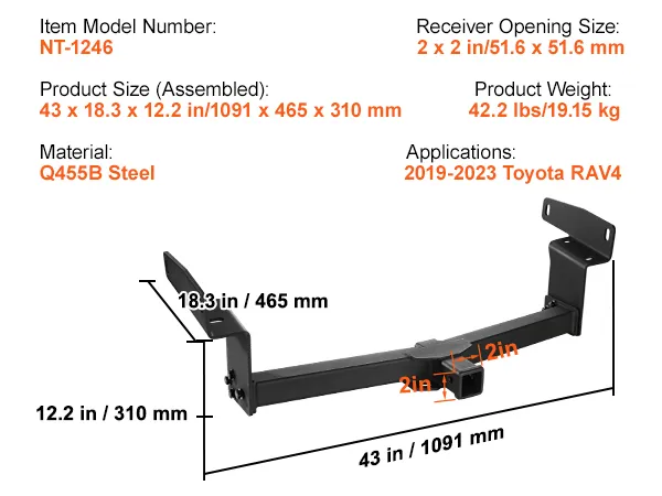 VEVOR class 3 trailer hitch for 2019-2023 toyota rav4, 2x2in receiver, 43in length.