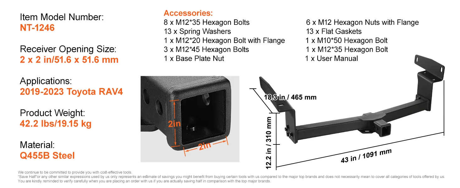 VEVOR class 3 trailer hitch for 2019-2023 toyota rav4, 2x2in receiver, 43in length.