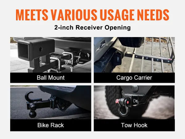 VEVOR class 3 trailer hitch with ball mount, cargo carrier, bike rack, and tow hook attachments.