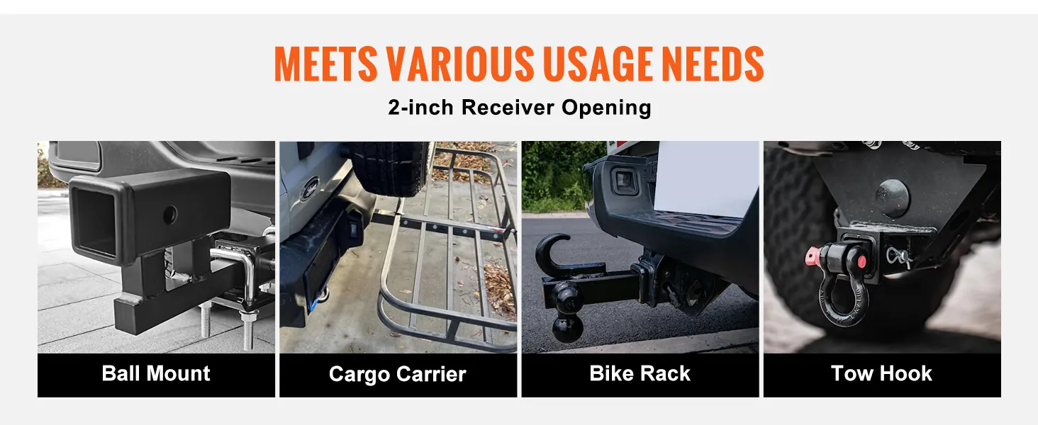 VEVOR class 3 trailer hitch with ball mount, cargo carrier, bike rack, and tow hook attachments.