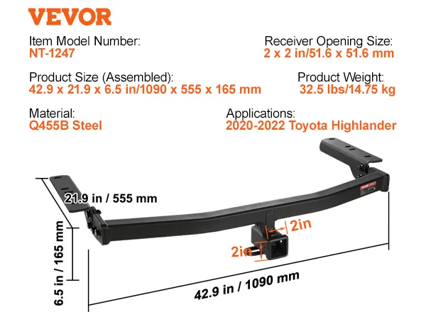 VEVOR class 3 trailer hitch, nt-1247, fits 2020-2022 toyota highlander, q455b steel, 32.5 lbs.