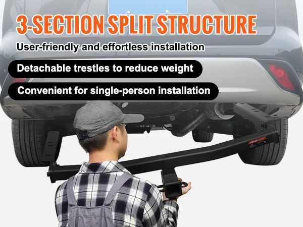 man installing VEVOR class 3 trailer hitch with 3-section split structure under a black suv rear.