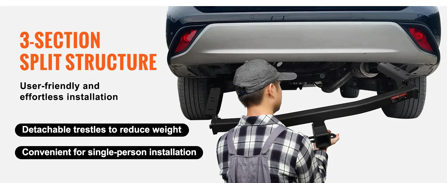 man installing VEVOR class 3 trailer hitch with 3-section split structure under a black suv rear.