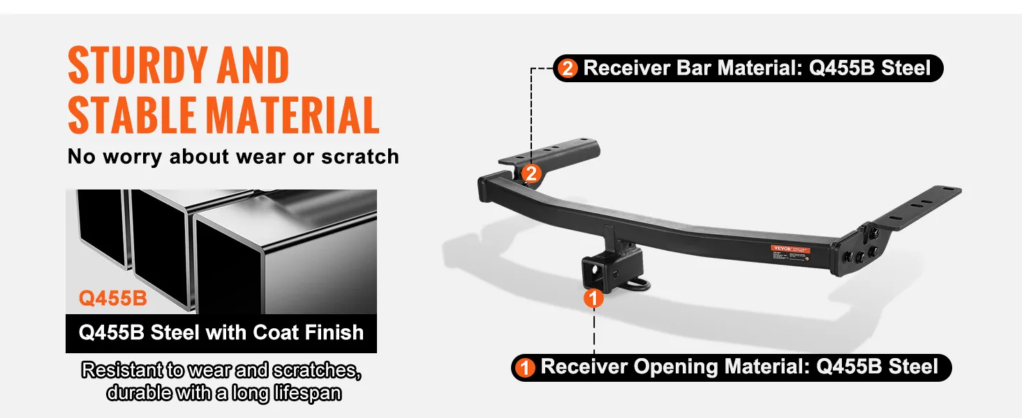 sturdy VEVOR class 3 trailer hitch made of q455b steel, resistant to wear and scratches.