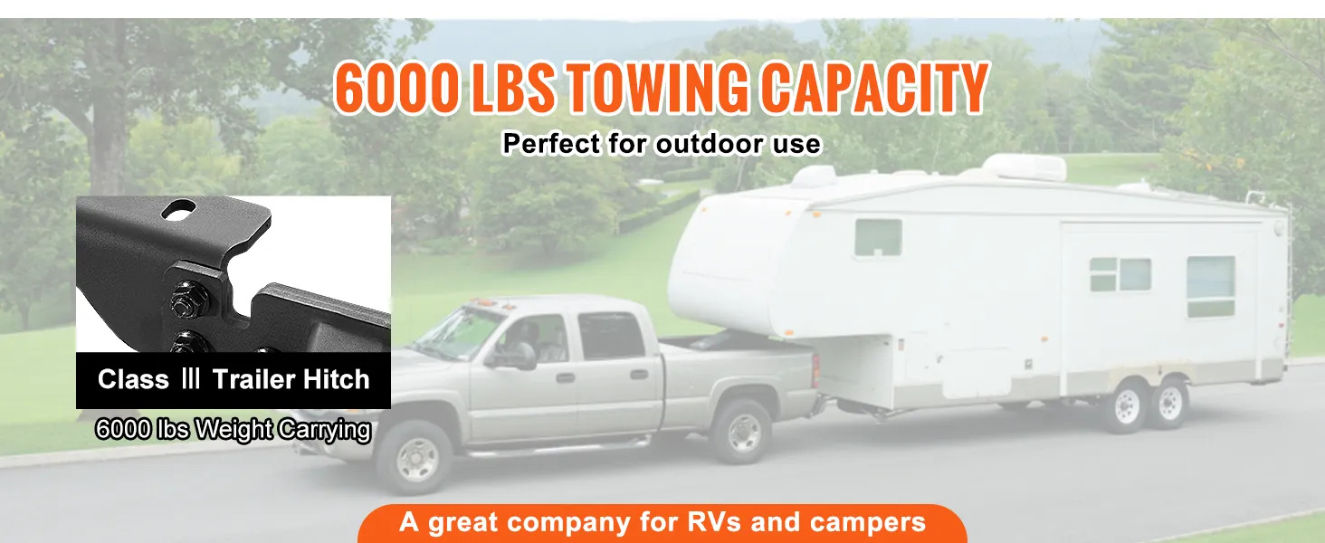 VEVOR class 3 trailer hitch with 6000 lbs towing capacity, ideal for outdoor rv and camper use.