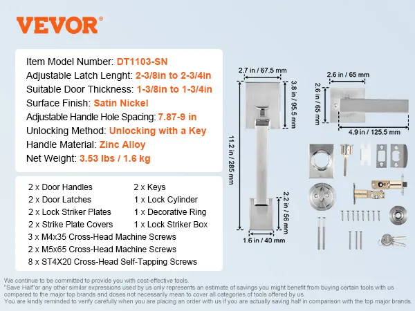VEVOR voordeurkrukset met verstelbare grendel, afwerking van zinklegering en satijnnikkel. Inclusief sleutels en schroeven.