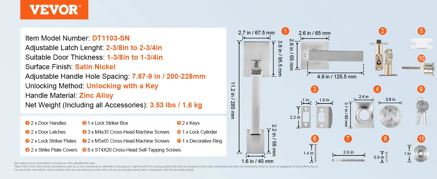 VEVOR voordeurkrukset met verstelbare grendel, afwerking van zinklegering en satijnnikkel. Inclusief sleutels en schroeven.