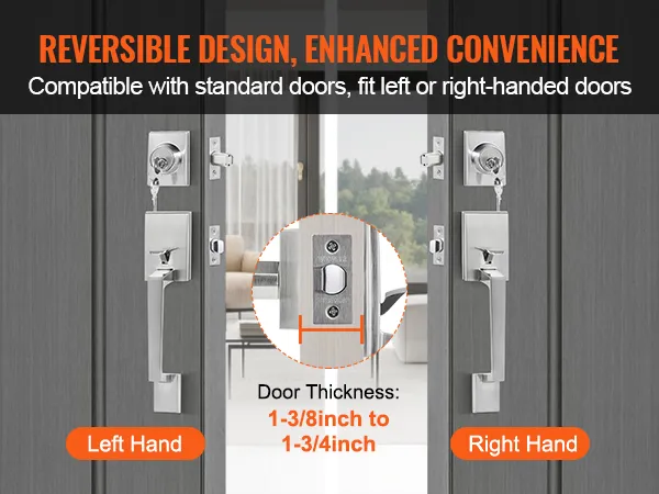 VEVOR voordeurkrukset: omkeerbaar ontwerp voor links- of rechtsdraaiende deuren, geschikt voor standaard deurdiktes.