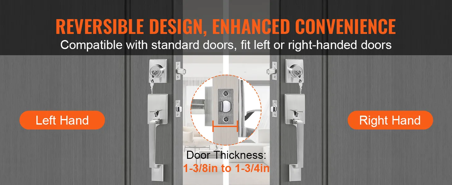 VEVOR voordeurkrukset: omkeerbaar ontwerp voor links- of rechtsdraaiende deuren, geschikt voor standaard deurdiktes.