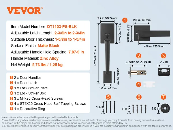 VEVOR voordeurgreep, dt1103-ps-blk, matzwart, verstelbare grendel, zinklegering, afgebeelde set onderdelen.