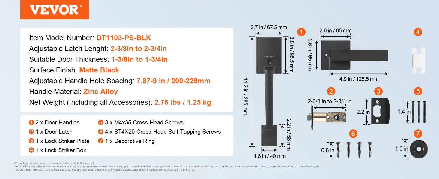 VEVOR voordeurgreep, dt1103-ps-blk, matzwart, verstelbare grendel, zinklegering, afgebeelde set onderdelen.